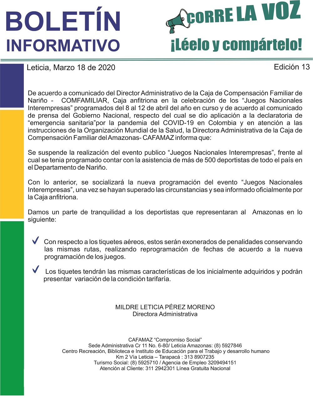 Boletín Informativo Edición 13 – Juegos Nacionales Interempresas SUSPENDIDOS | Cafamaz, 2020