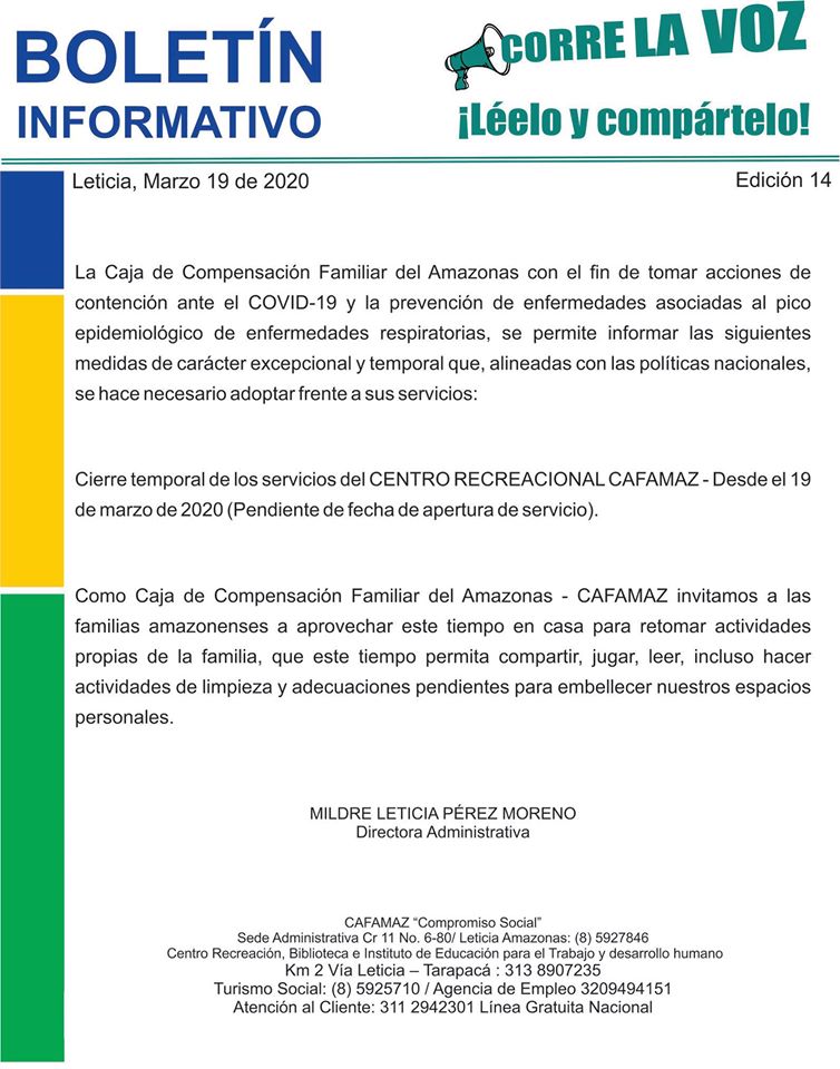 Boletín Informativo Edición 14 – Centro Recreacional “CIERRE TEMPORAL” | Cafamaz, 2020