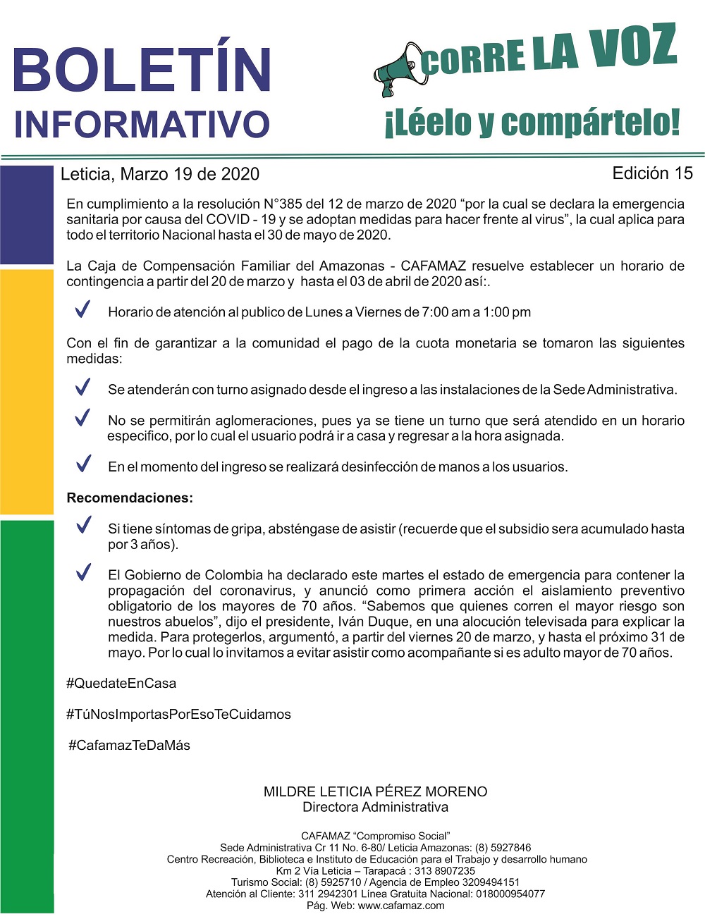Boletín Informativo Edición 15 – HORARIO TEMPORAL, PAGOS SUBSIDIO | Cafamaz, 2020
