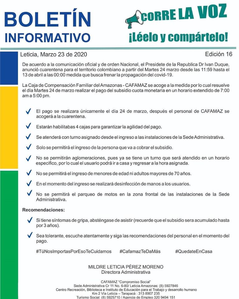 Boletín Informativo Edición 16 – PAGO SUBSIDIO | Cafamaz, 2020