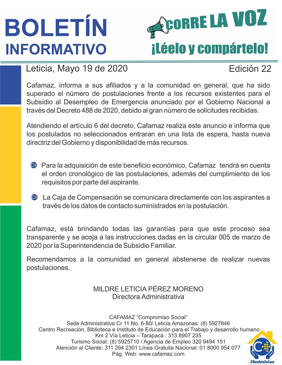 Boletín Informativo Edición 22 – LISTA DE ESPERA, SUBSIDIO DE EMERGENCIA AL DESEMPLEO | Cafamaz, 2020