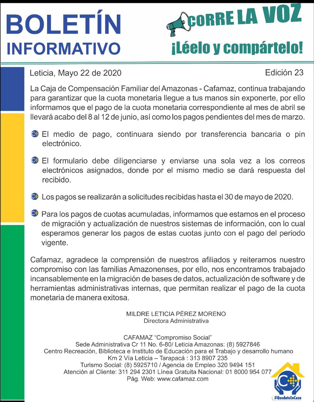 Boletín Informativo Edición 23 – INFORMACIÓN SOBRE EL PAGO DE CUOTA MONETARIA | Cafamaz, 2020